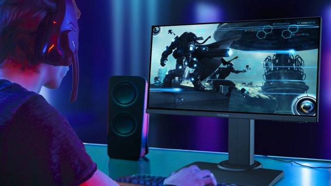 Shot of the Professional Gamer Playing in First-Person Shooter Online Video Game on His Personal Computer. Room Lit by Neon Lights in Retro Arcade Style. Online Cyber e-Sport Internet Championship.